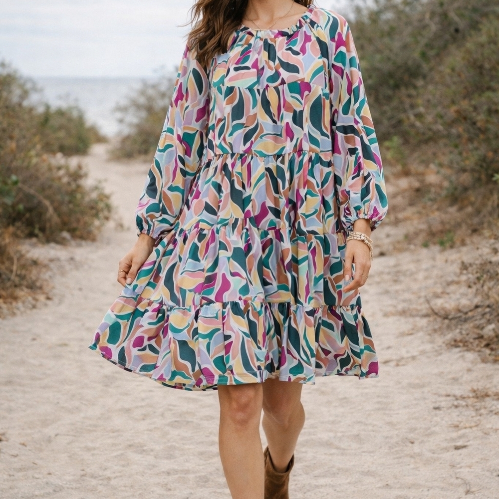 Abstract Floral Mini Dress Tiered Sassy Boho-Chic Flowing Long Slevees Pockets